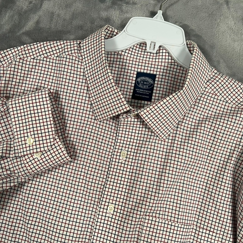 Brooks Brothers Button Up Shirt Mens 20 36/37 Gingham Check Red Blue Pocket